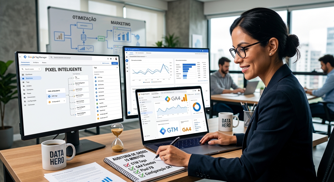 A laptop screen displays a data audit checklist for GTM, GA4, and smart pixel conversion optimization.