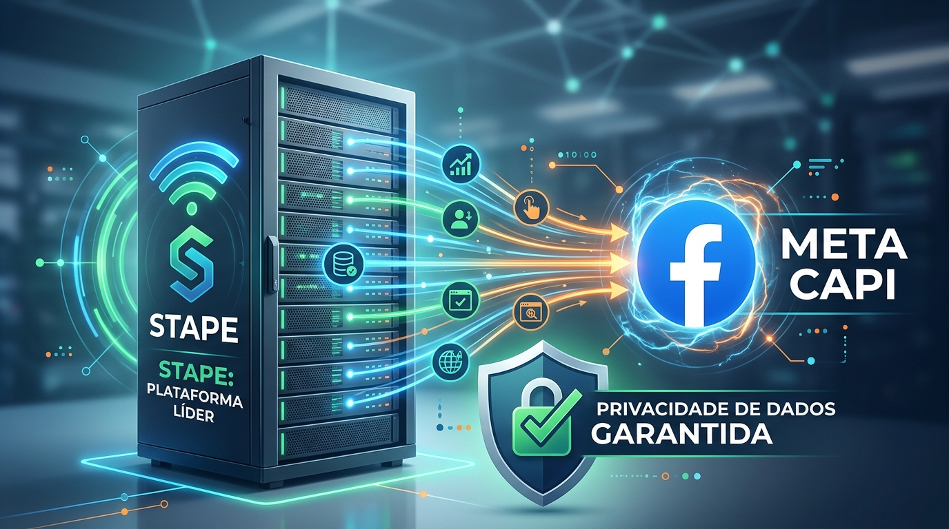 Graphic titled "Server-Side Tracking e CAPI: Por que Sua Empresa Precisa Agora" highlighting data privacy and Facebook CAPI.